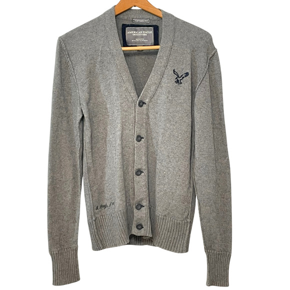 American Eagle Men's Sz S V-Neck Button Cardigan Exposed Seams Knit Gray Grandpa - Picture 2 of 8